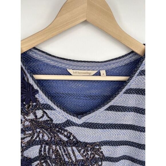 Soft Surroundings Syrah Blue Striped Floral Embroidered Tunic Top Size M - Picture 2 of 5